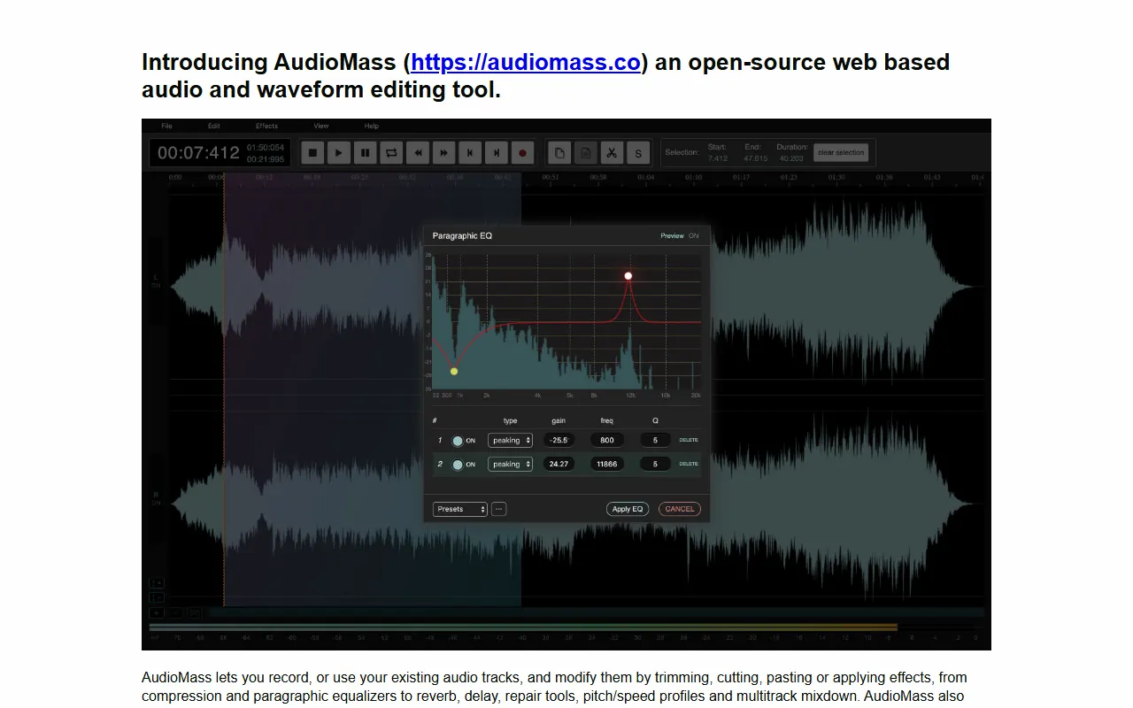 AudioMass about page showing the waveform editor with its equaliser open