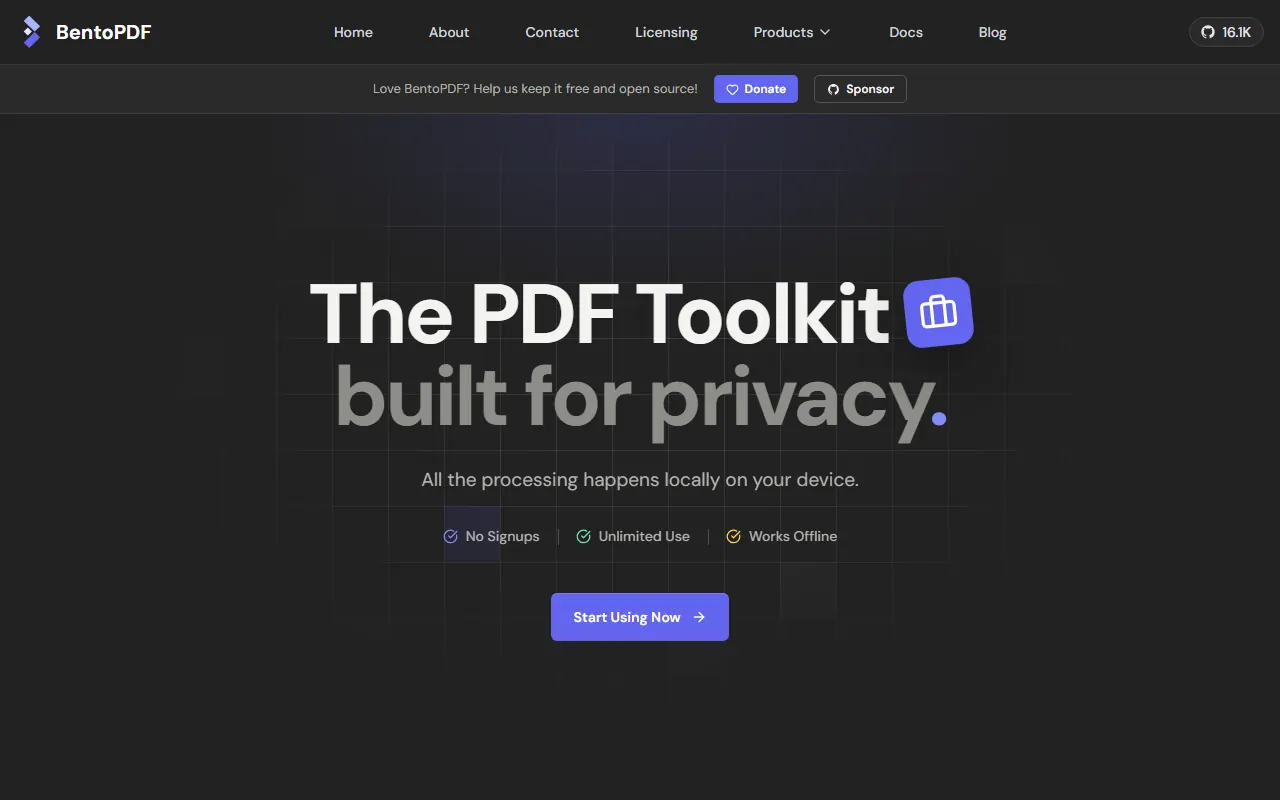 BentoPDF landing page: The PDF Toolkit built for privacy