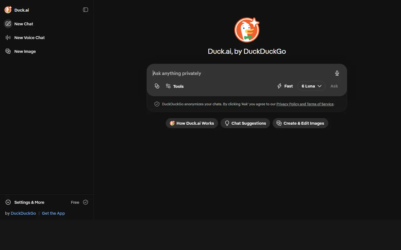 Duck.ai home screen with the "Ask anything privately" chat box and model picker