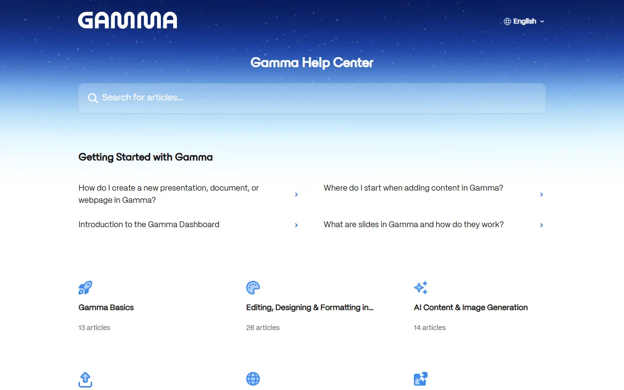Gamma Help Center home page with getting-started articles
