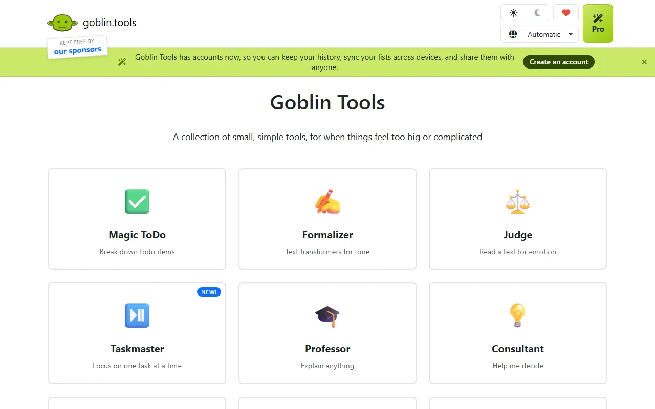 Goblin Tools home page showing Magic ToDo, Formalizer, Judge and other tools