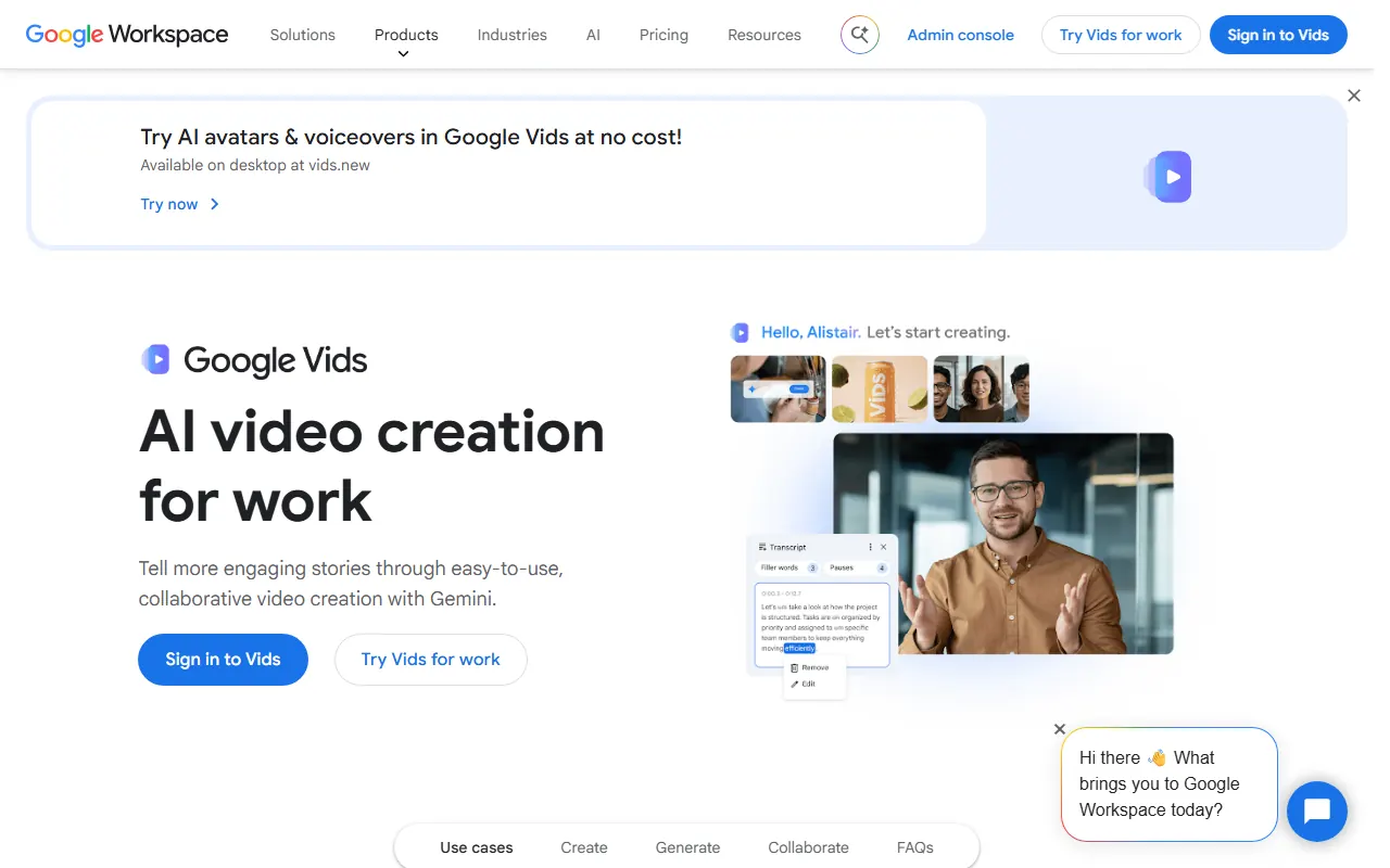 Google Vids product page: AI video creation for work, with a free trial banner
