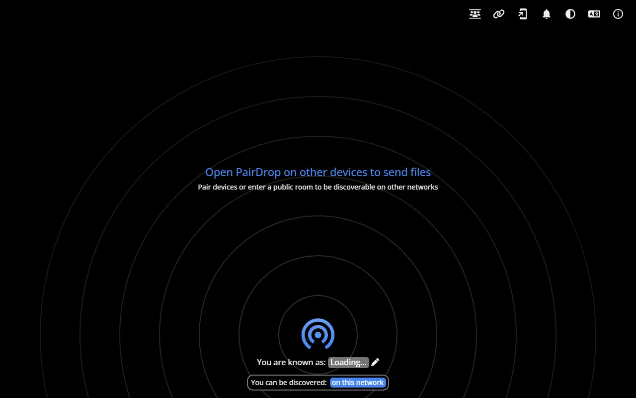 PairDrop waiting screen: "Open PairDrop on other devices to send files"