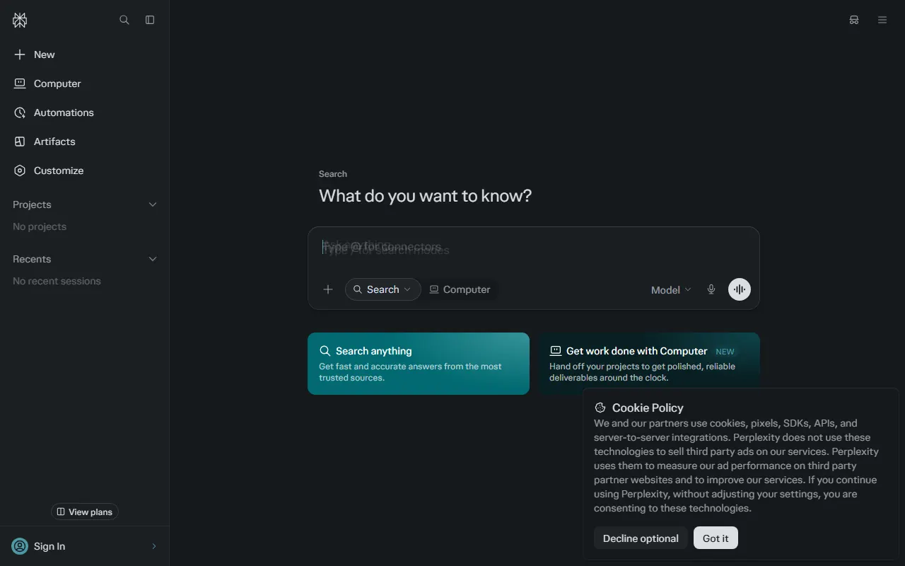 Perplexity search page asking "What do you want to know?"