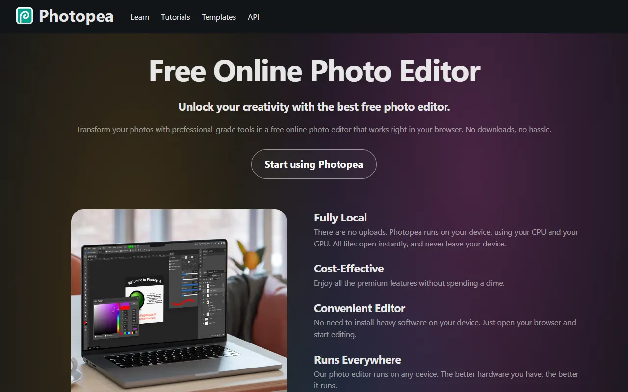 Photopea landing page: Free Online Photo Editor, fully local